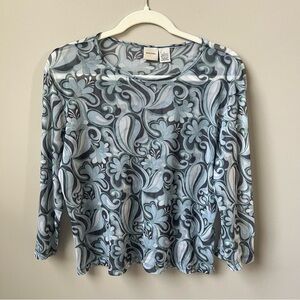 Vintage Y2K 90s Mesh Top Women's Size L Large‎ Blue Floral Semi Sheer Retro Mod
